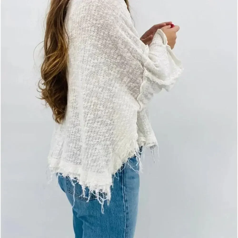 Free People white thin sheer knit raw hem oversized top